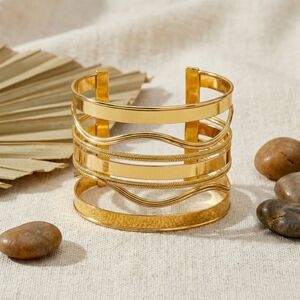 18K Gold Plated Wide Cuff Bracelet Statement Textured Open Bangle Modern Boho